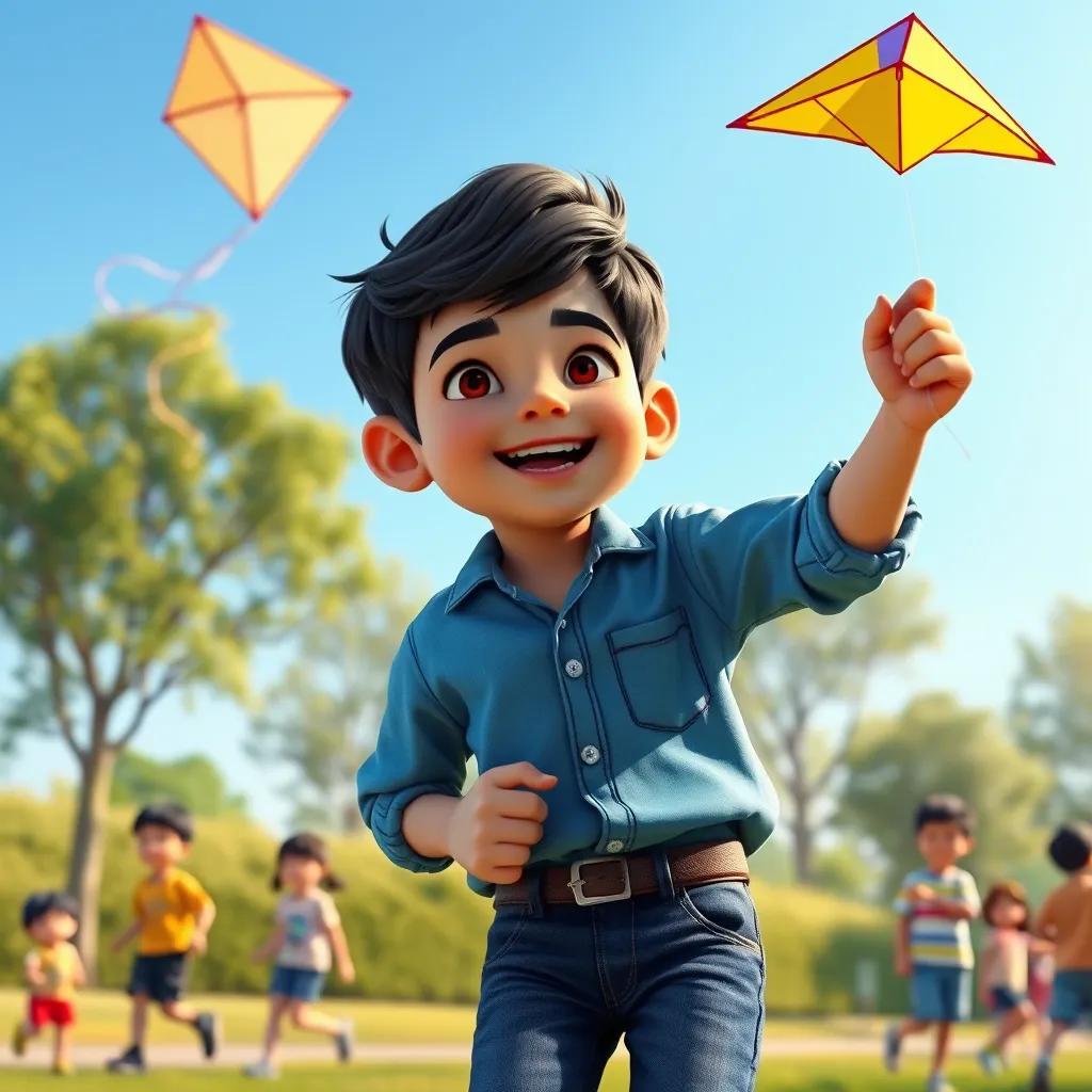 Image of A young boy, Ahmad, with short black hair, wearing a blue shirt and jeans, flying a colorful kite in the park, joyful and carefree expression, kids playing around, clear blue sky, digital art