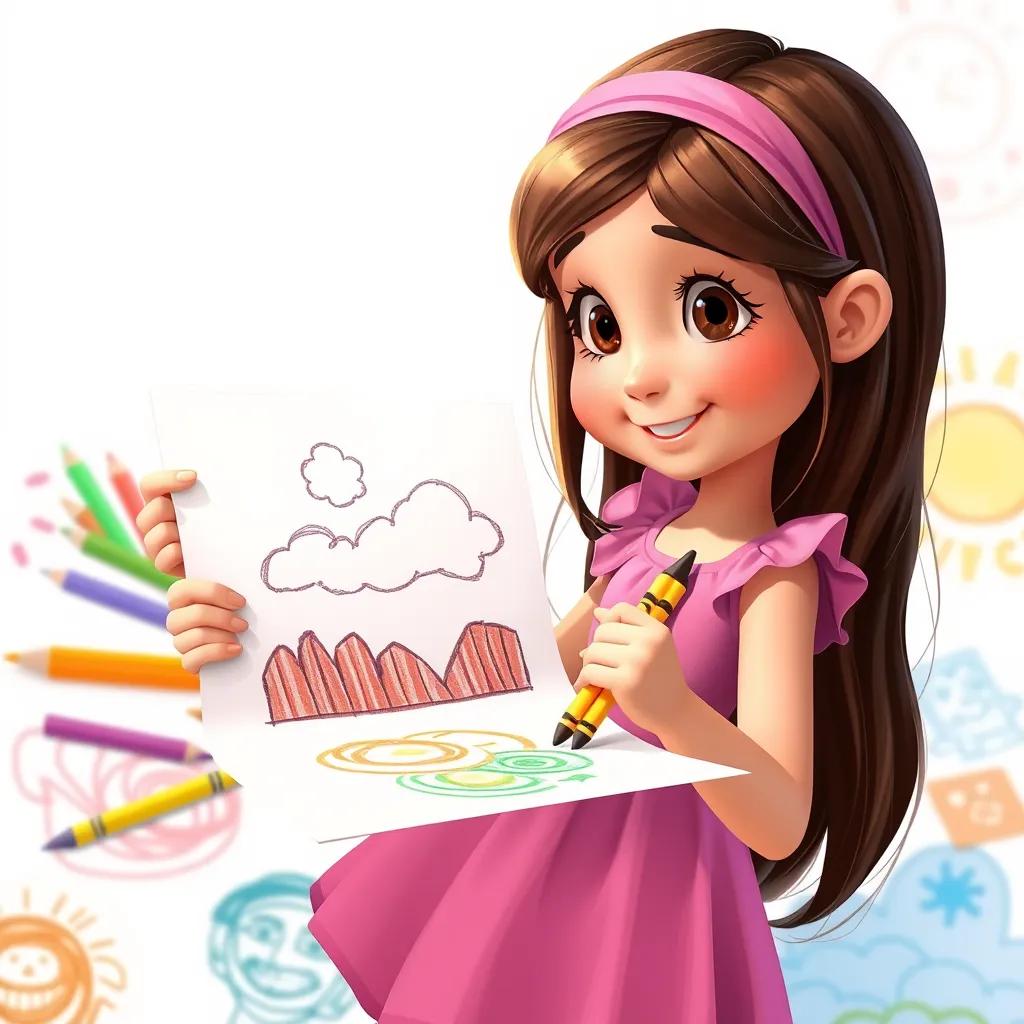 Image of A young girl, Fatima, with long brown hair wearing a pink dress, holding crayons and drawing the sky on a piece of paper, colorful drawings around her, bright colors, cheerful scene, child-friendly