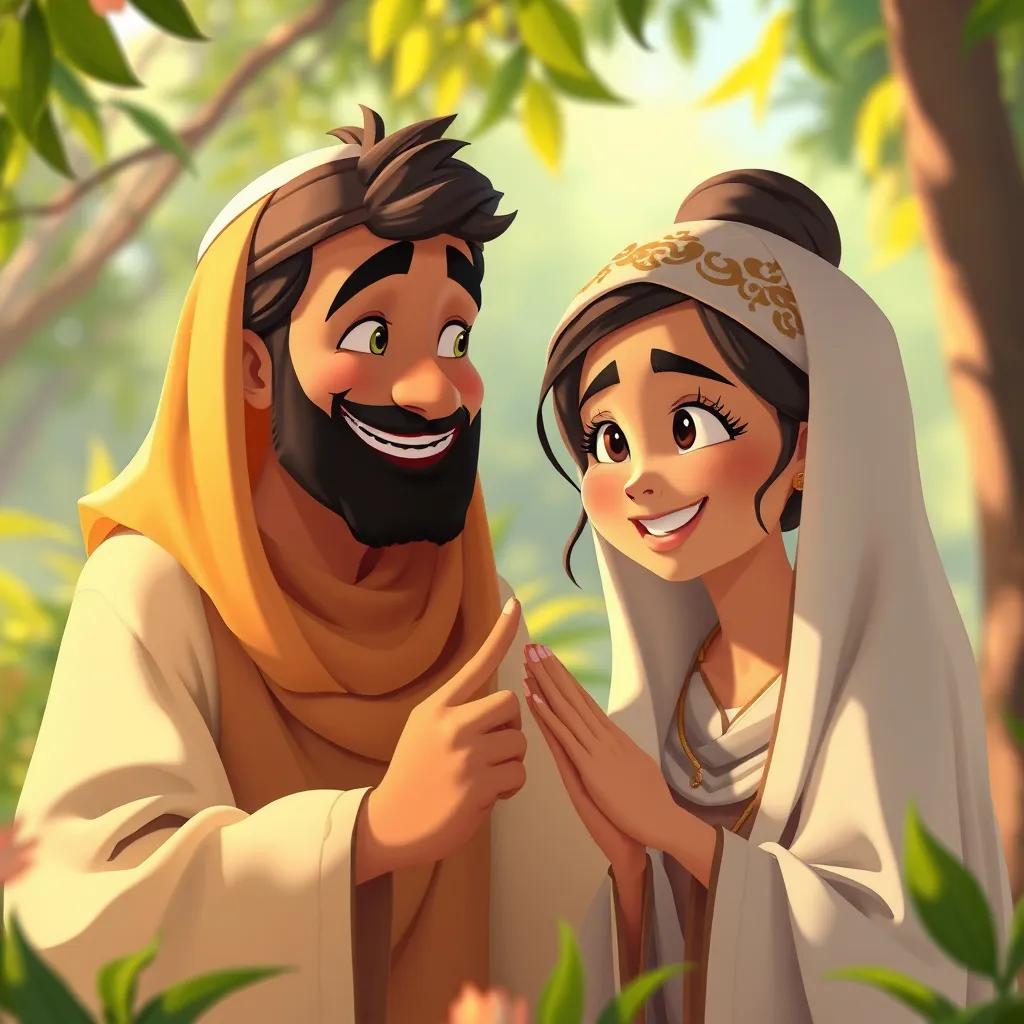 Image of A close-up of Ahmad explaining peace to Fatima, both smiling and excited, warm and inviting atmosphere, surrounded by nature, high-quality illustration