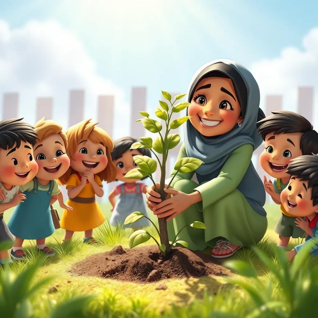 Image of A tree being planted by Fatima with a smile, planting love and friendship, bright sunlight shining down, surrounding children helping her, joyful scene, vibrant colors, digital art