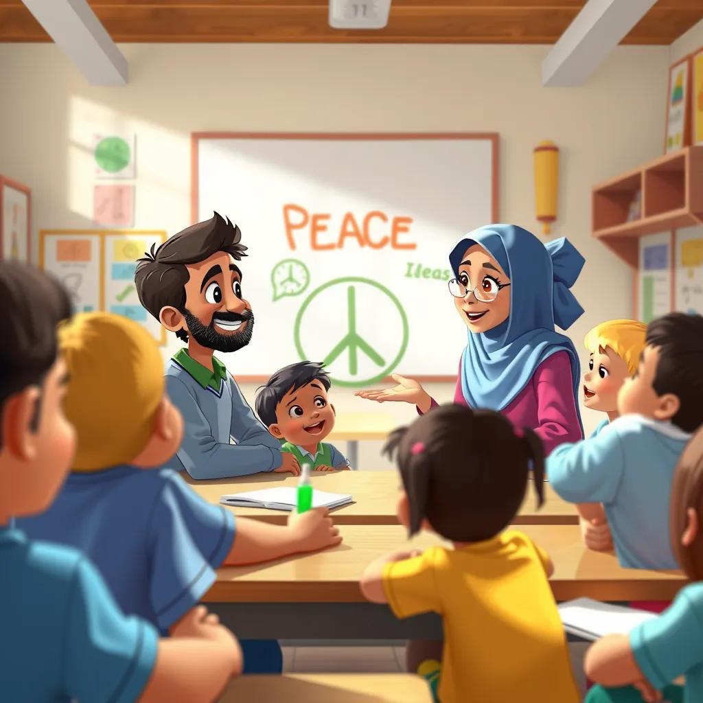 Image of A classroom full of children, Ahmad and Fatima sharing their peace idea, kids listening with interest, bright and inviting atmosphere, colorful drawings on walls, high quality