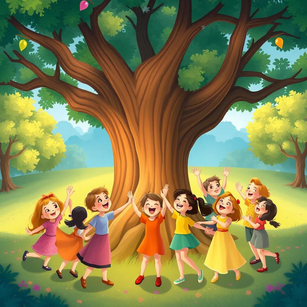 Image of children dancing and singing around a big tree in the park, joyful faces, celebration of peace, supports harmonious colors, festival vibe, vibrant and happy scene