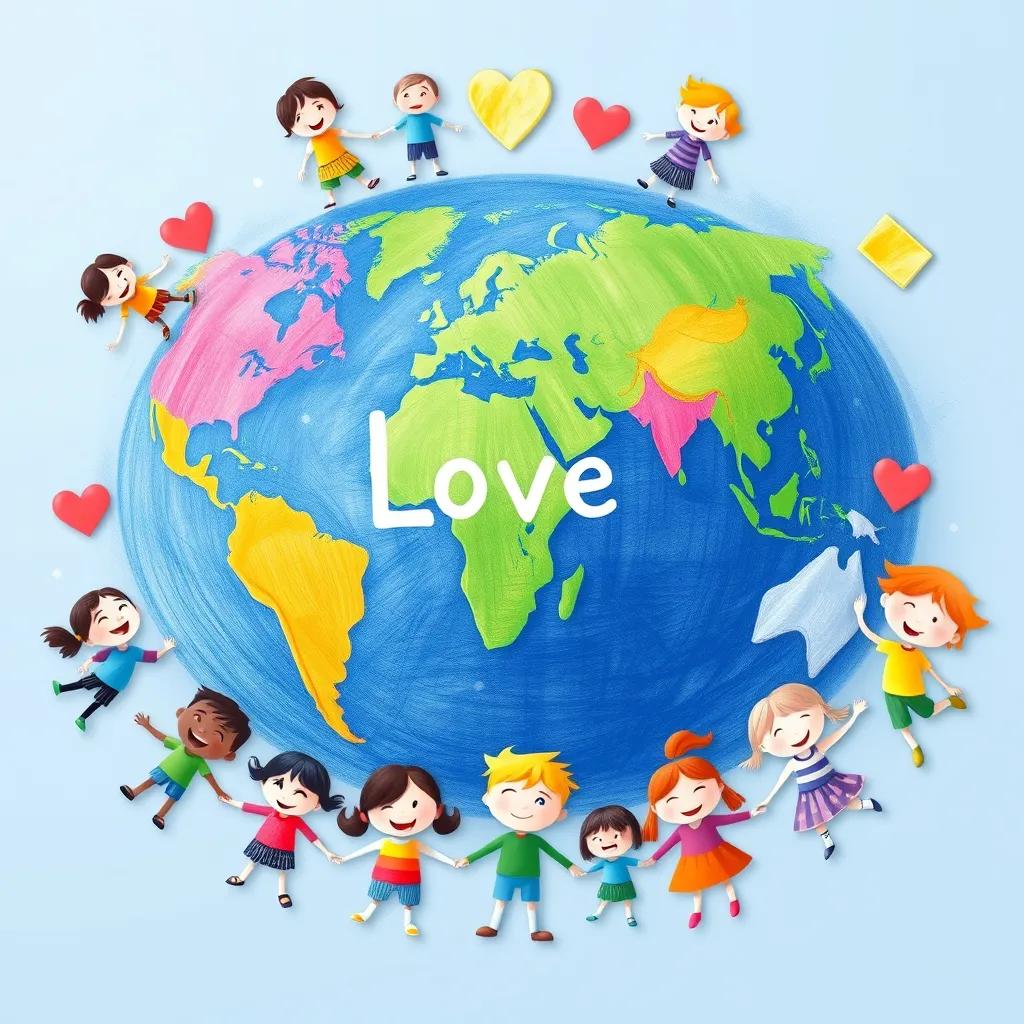 Image of A peaceful world map drawn by children, highlighting love and unity, surrounded by happy kids holding hands, bright colors, imaginative art style, child-friendly