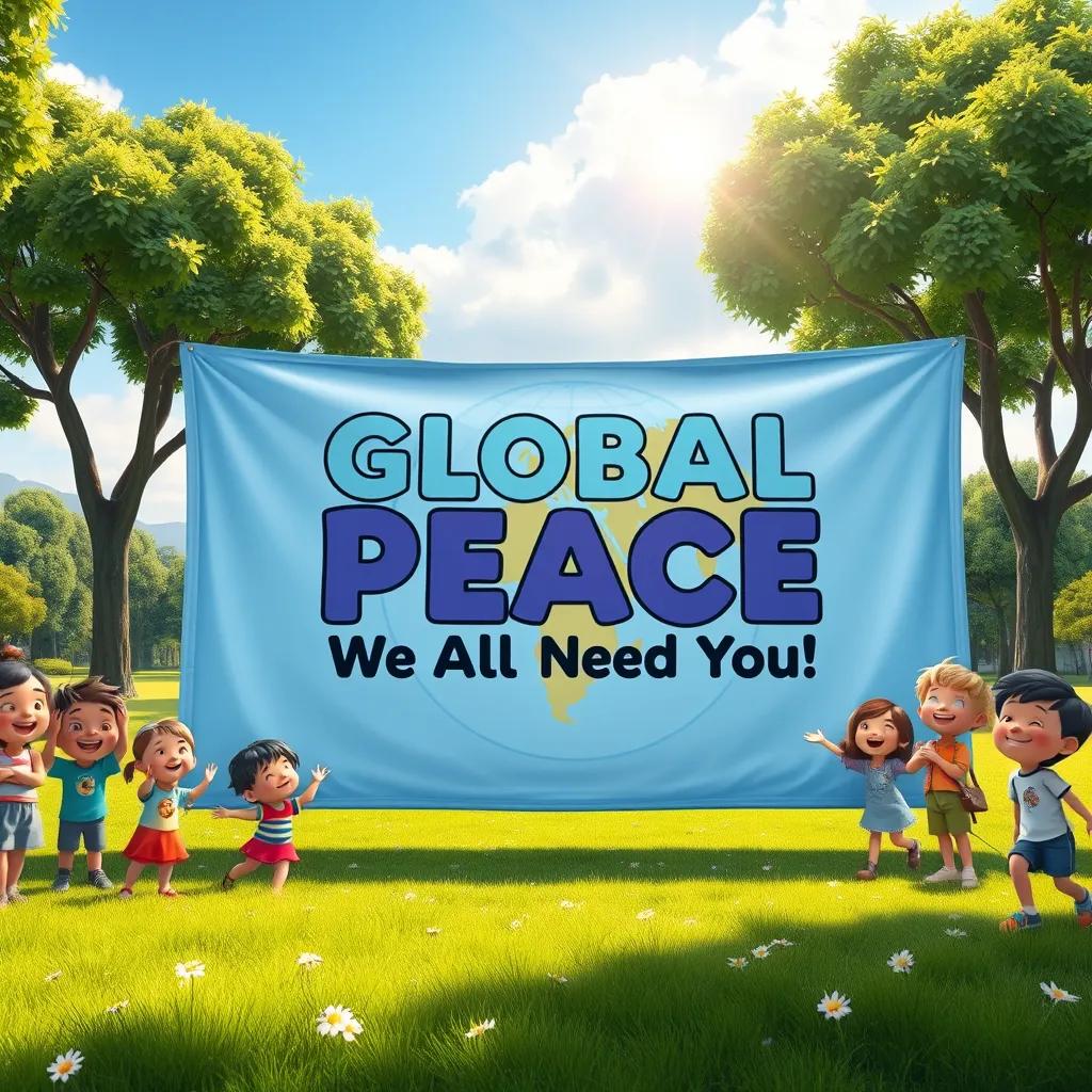 Image of A large banner in the park that says 'Global Peace, We All Need It', with children smiling and happy all around, beautiful landscape in the background, high resolution, bright sunlight