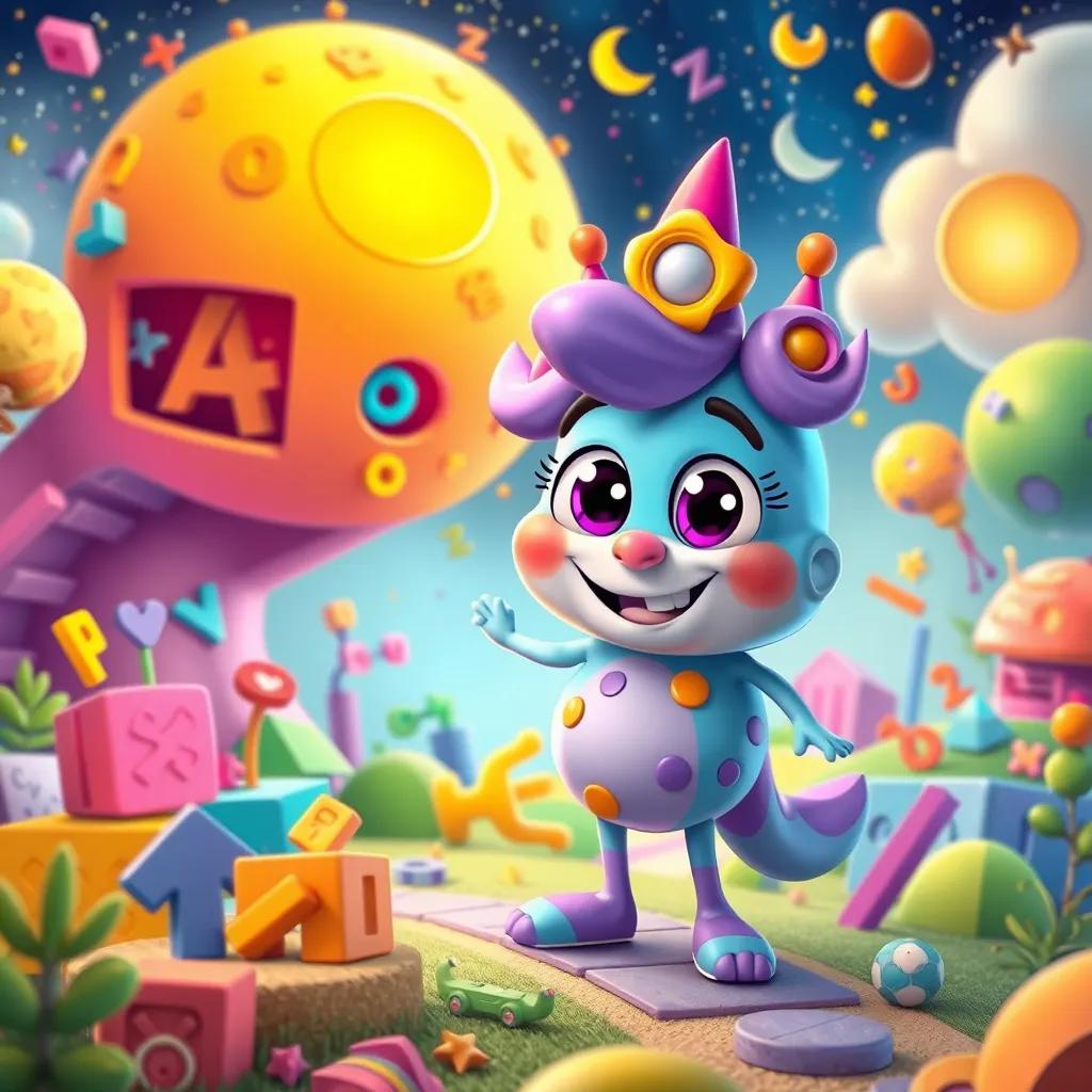 Image of A magical and colorful math world, featuring a character named Slooq who is a fun and playful function, vibrant illustrations, child-friendly, whimsical atmosphere, high quality