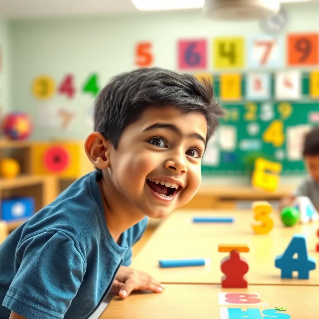 Image of A young boy named Riad, cheerful and enthusiastic, wearing a blue shirt, excitedly interacting with Slooq in a classroom filled with numbers and shapes, bright colors, educational theme, engaging scene