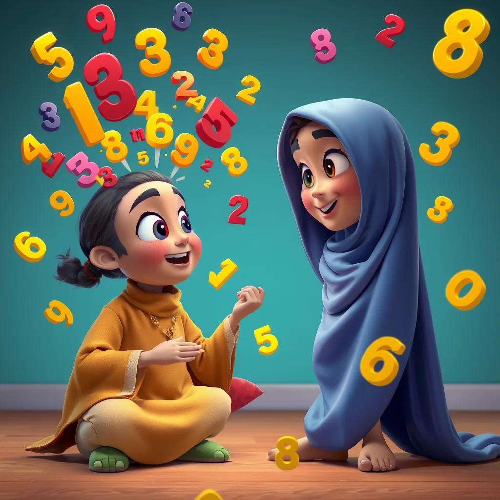 Image of Slooq demonstrating her behavior to Riad with numbers floating around her, playful and animated, showing transformations, colorful and dynamic visuals, depicting fun learning, high quality