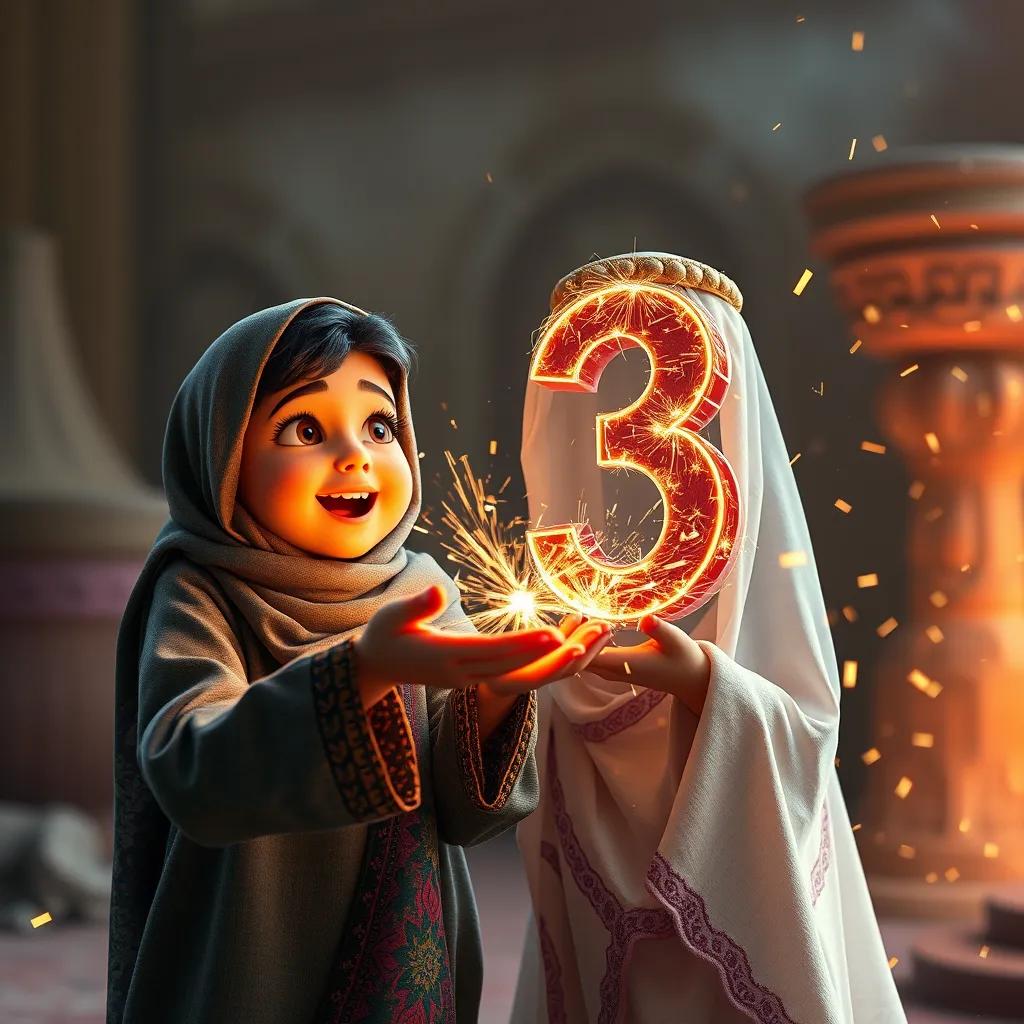 Image of Riad excitedly giving Slooq the number 3, with sparks flying as she transforms the number in the air, colorful and magical, a sense of wonder and discovery, child-friendly