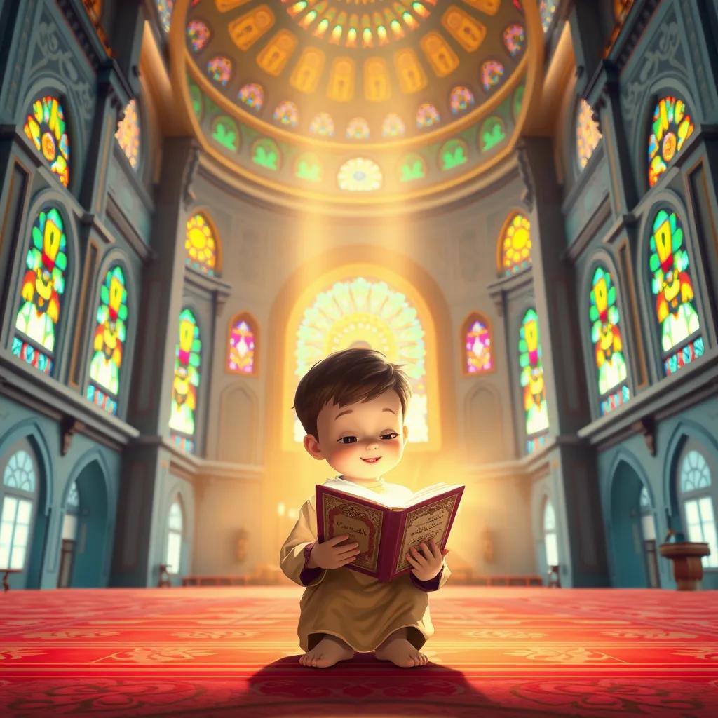 Image of In the center of a beautiful mosque, a child reading Al-Fatiha with a glowing Quran in hand, surrounded by colorful stained glass, warm light, peaceful atmosphere, child-friendly, illustration, vibrant colors, high quality