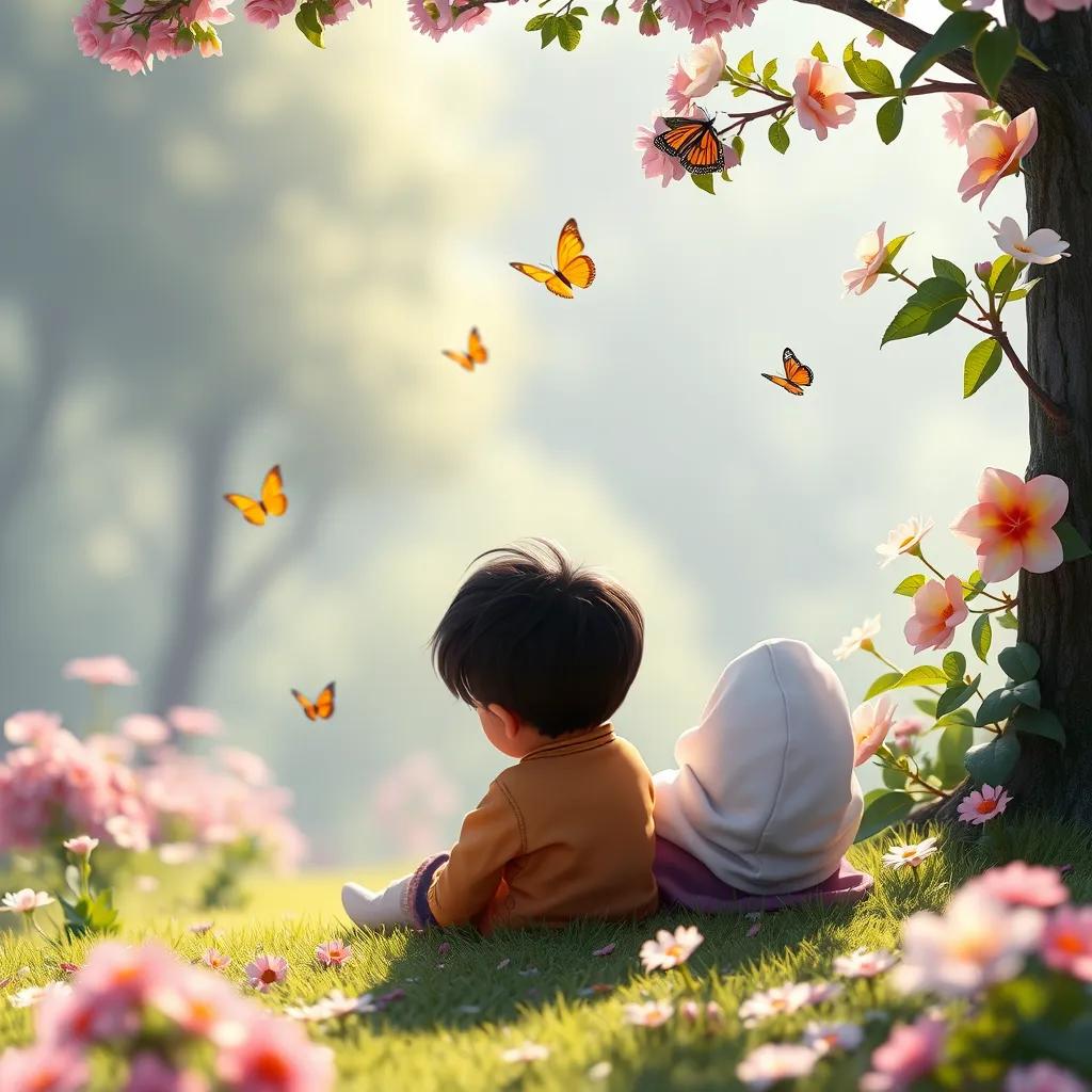 Image of A serene scene with a child sitting in a garden, reflecting on the meanings of Al-Fatiha, with blooming flowers and butterflies nearby, peaceful and tranquil, soft lighting, vibrant scenery, high quality