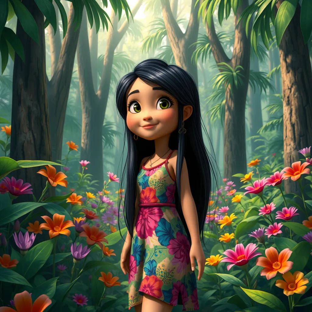 Image of A brave girl named Susan, with long black hair wearing a colorful dress, exploring a thick jungle filled with tall trees and colorful flowers, digital art, vibrant colors, adventurous atmosphere, high quality