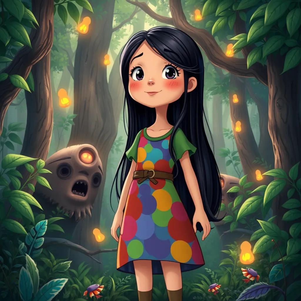 Image of Susan, a brave girl with long black hair in a colorful dress, standing in a dense forest filled with lush greenery and strange sounds, illustration, detailed, mysterious, cheerful, child-friendly