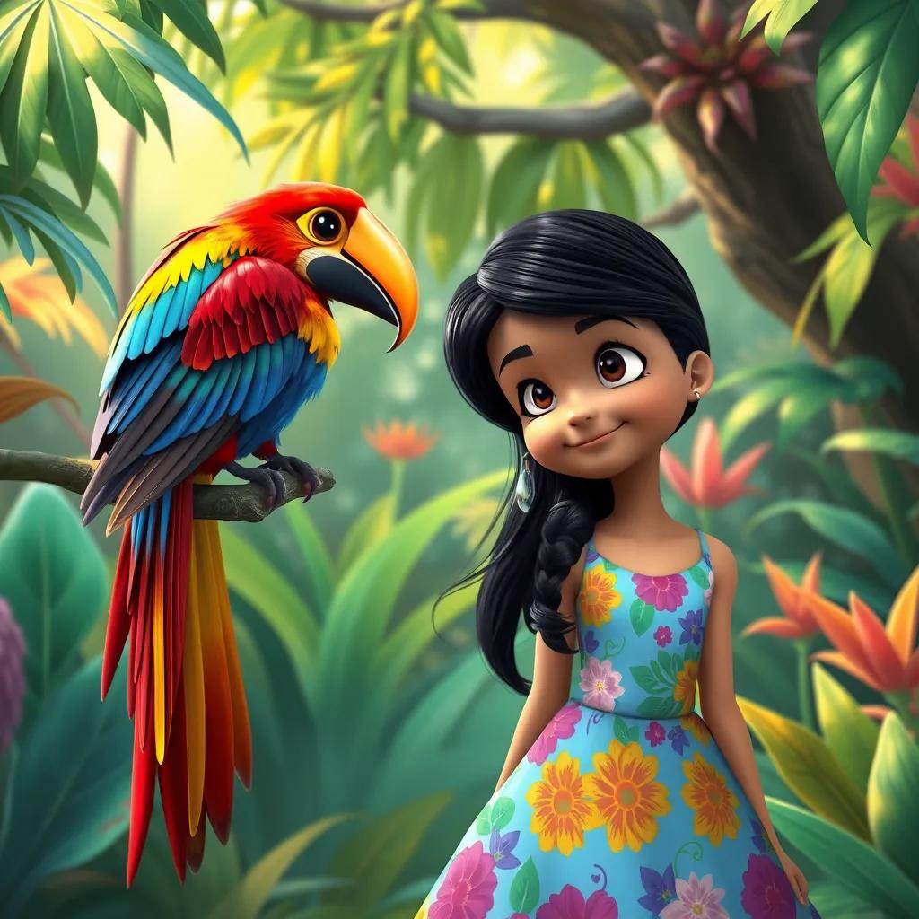 Image of A beautiful colorful bird watching Susan, a brave girl with long black hair wearing a colorful dress, surrounded by exotic plants and trees in the jungle, digital painting, bright, joyful, enchanting