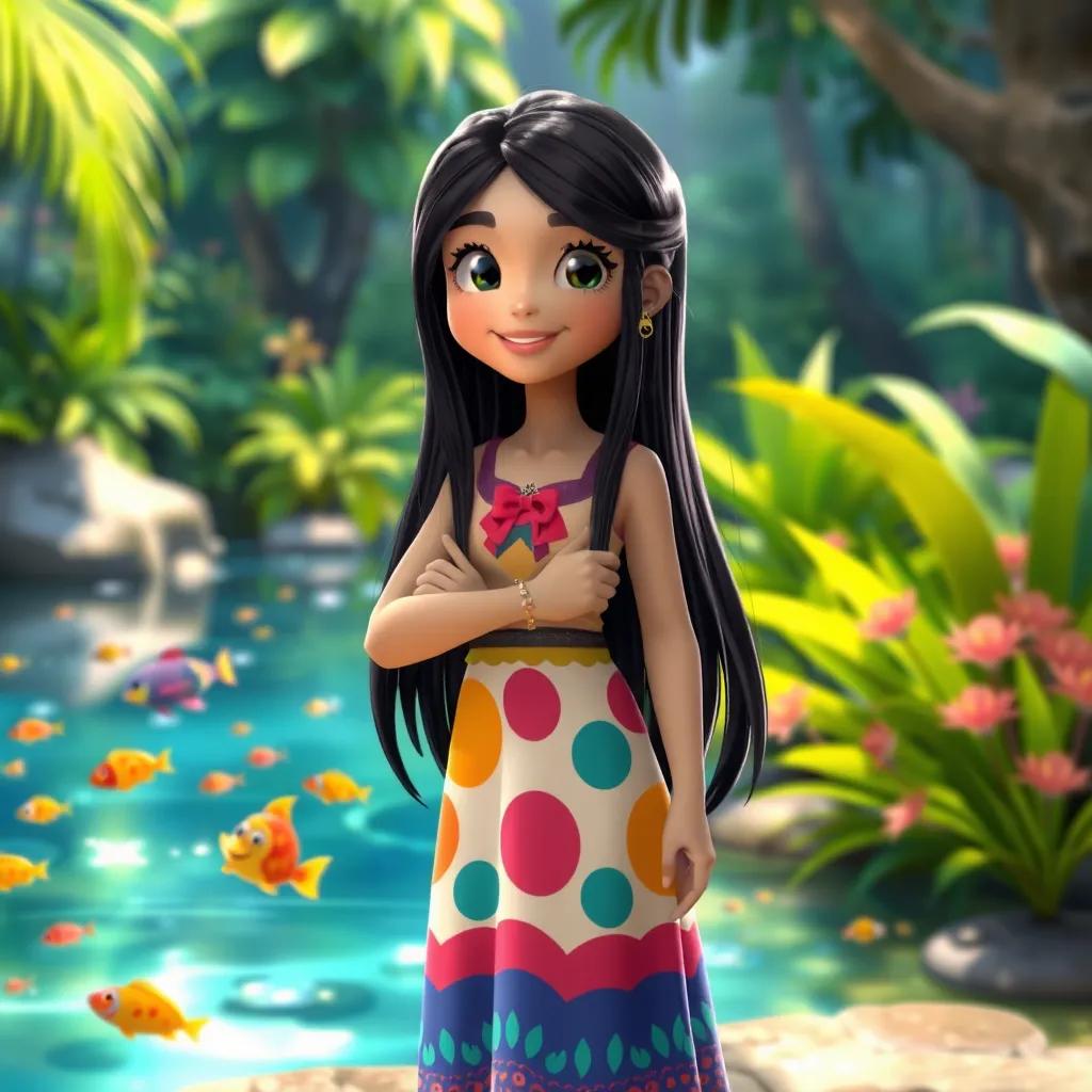 Image of Susan, a brave girl with long black hair in a colorful dress, standing by a sparkling lake with colorful fish swimming, the jungle backdrop full of lush greenery, cheerful, child-friendly, inviting