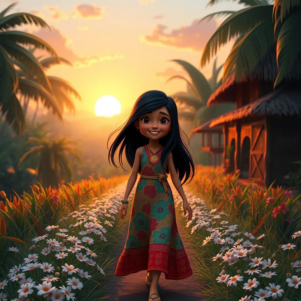 Image of Susan, a brave girl with long black hair in a colorful dress, happily walking back to her village at sunset, the path covered with flowers and the jungle in the background, warm light, heartwarming, rich colors