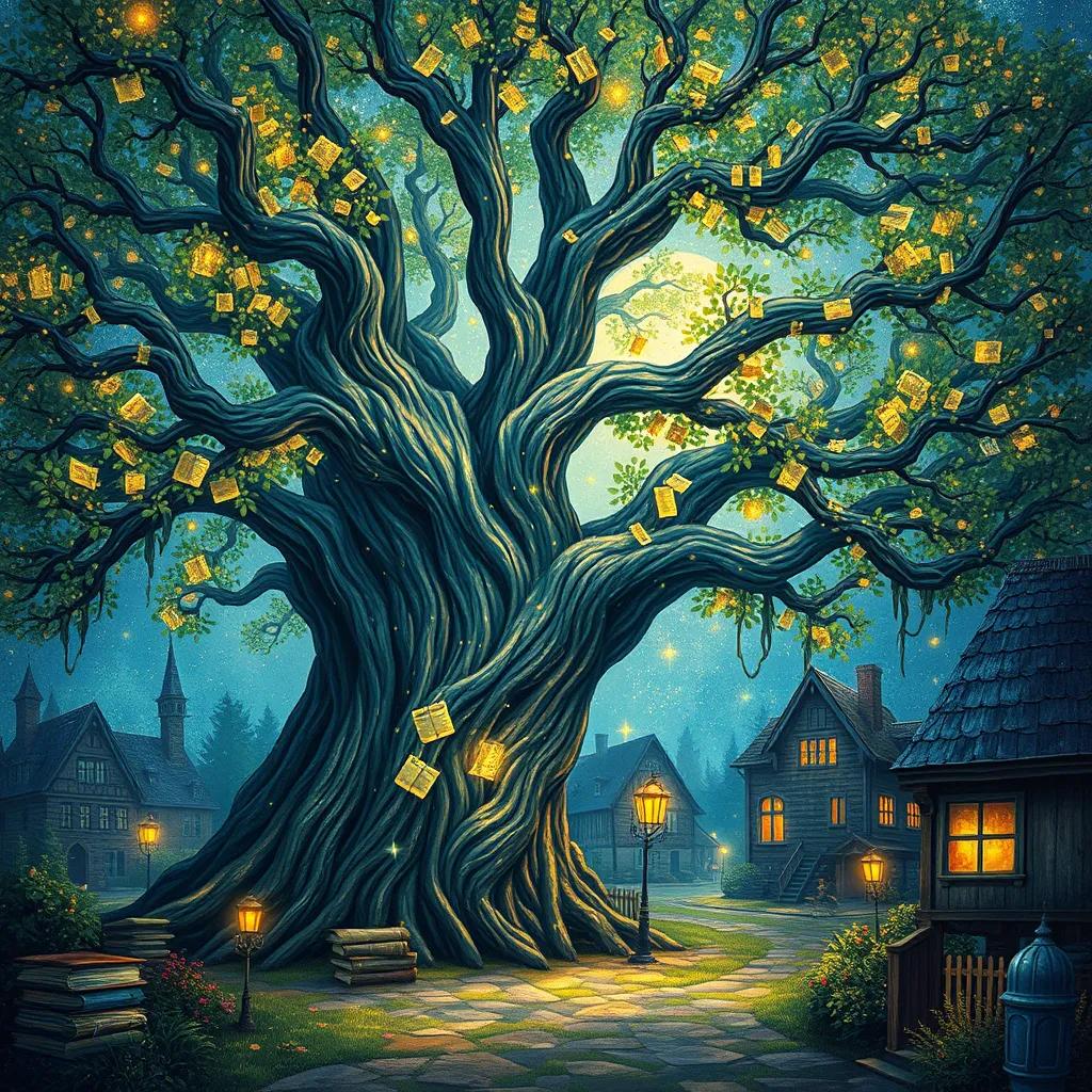 Image of A large magical tree in a small village, covered with sparkling books that shimmer in the sunlight, detailed digital art, vivid colors, enchanting atmosphere, high quality