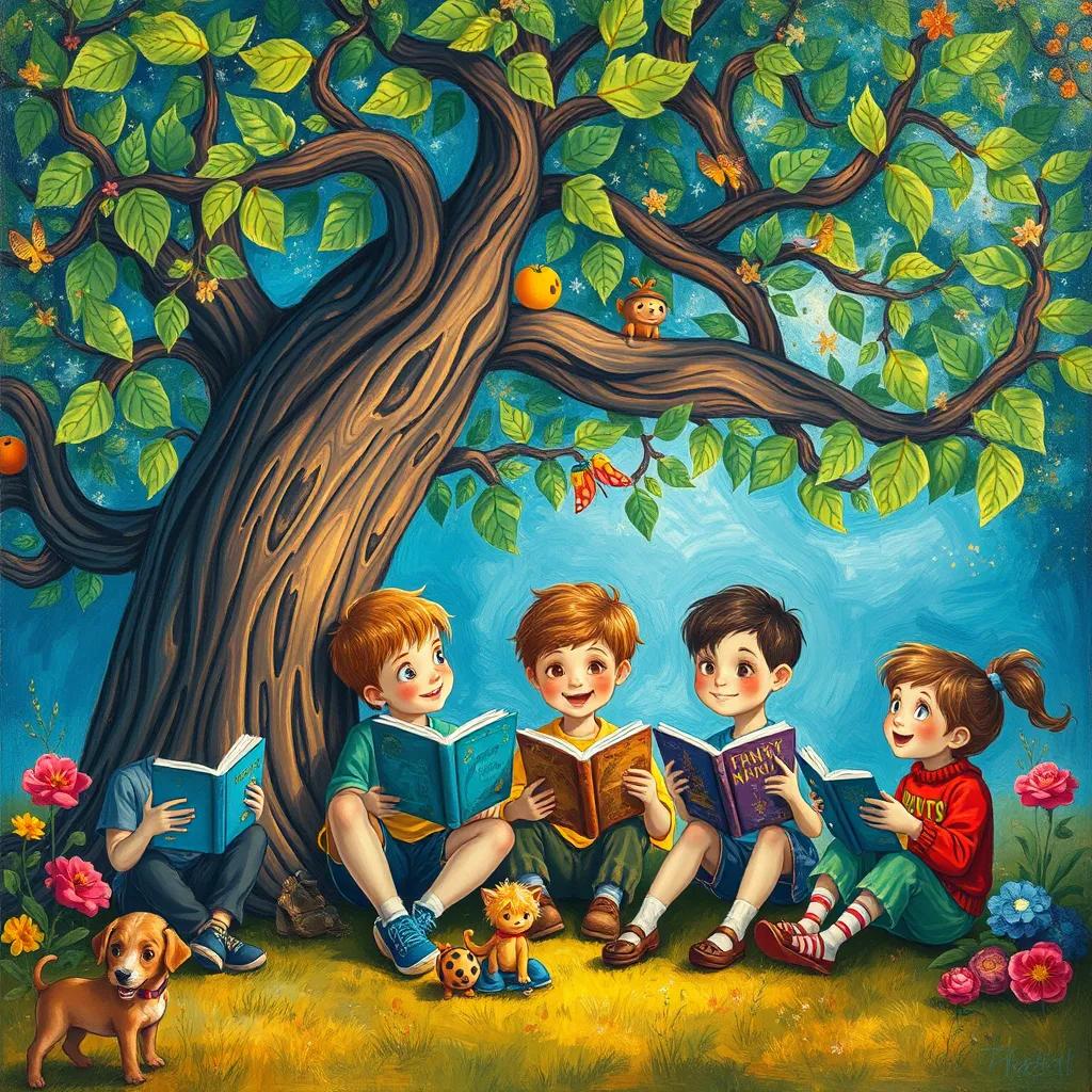 Image of Children reading books under the shade of the magical tree, characters coming to life from the stories, joyful expressions, illustration, warm colors, whimsical feel