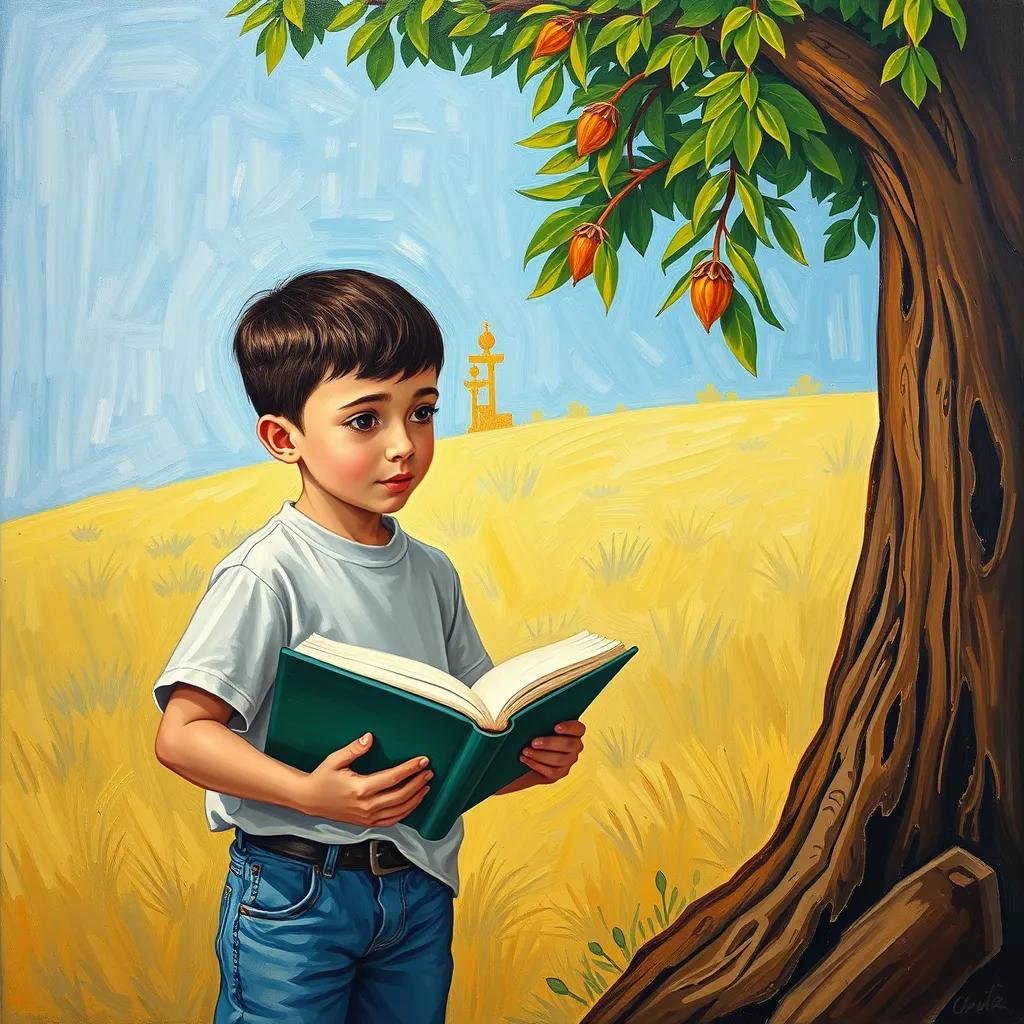 Image of Samir, a young Arab boy with short hair wearing a simple t-shirt and jeans, looking at a special book given by the tree, curious and excited expression, charming scene, bright colors, family-friendly