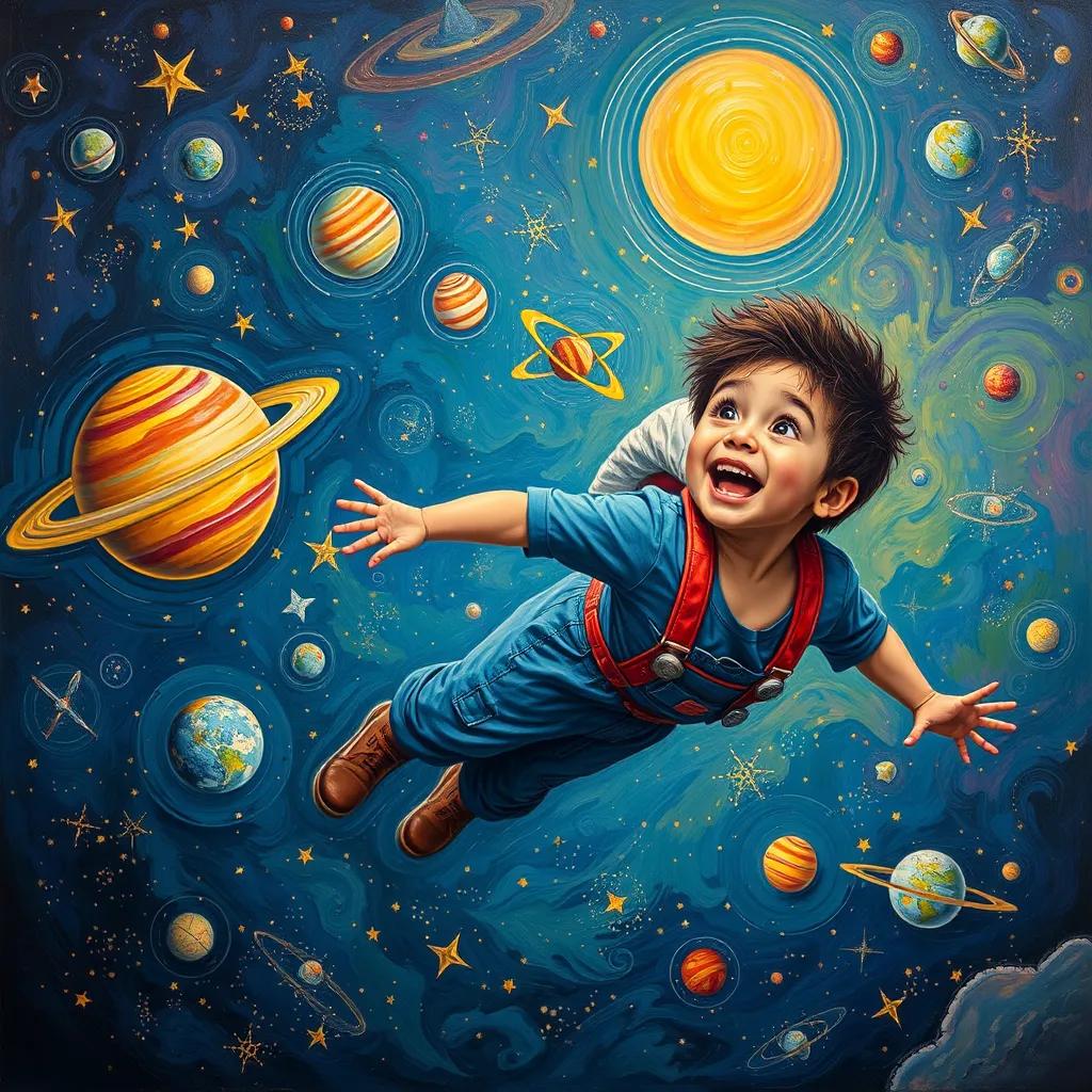 Image of A cosmic adventure scene where Samir is flying in space, surrounded by stars and planets, with wonder and excitement on his face, vibrant colors, imagination, fantasy