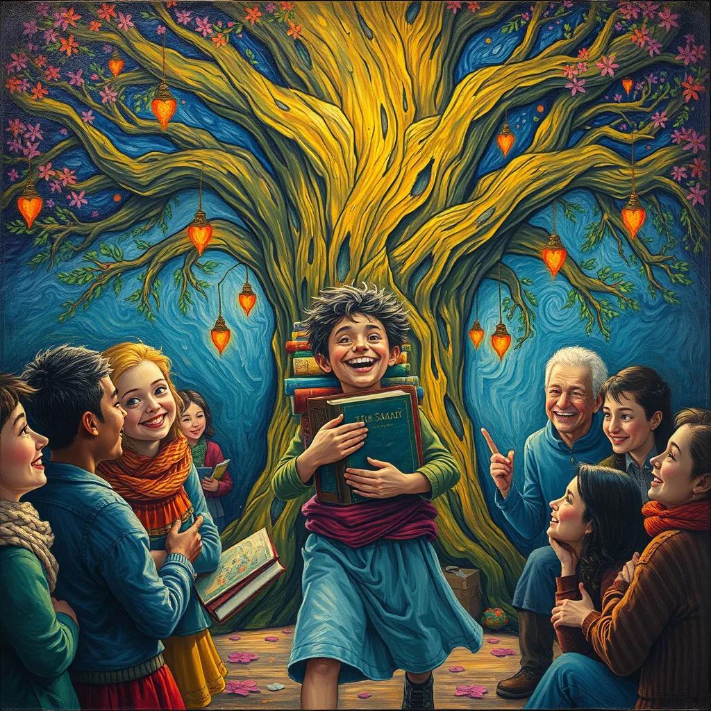 Image of Samir happily returning to the magical tree with a variety of books in his arms, friends gathered around, smiling faces, heartwarming scene, inviting atmosphere, colorful