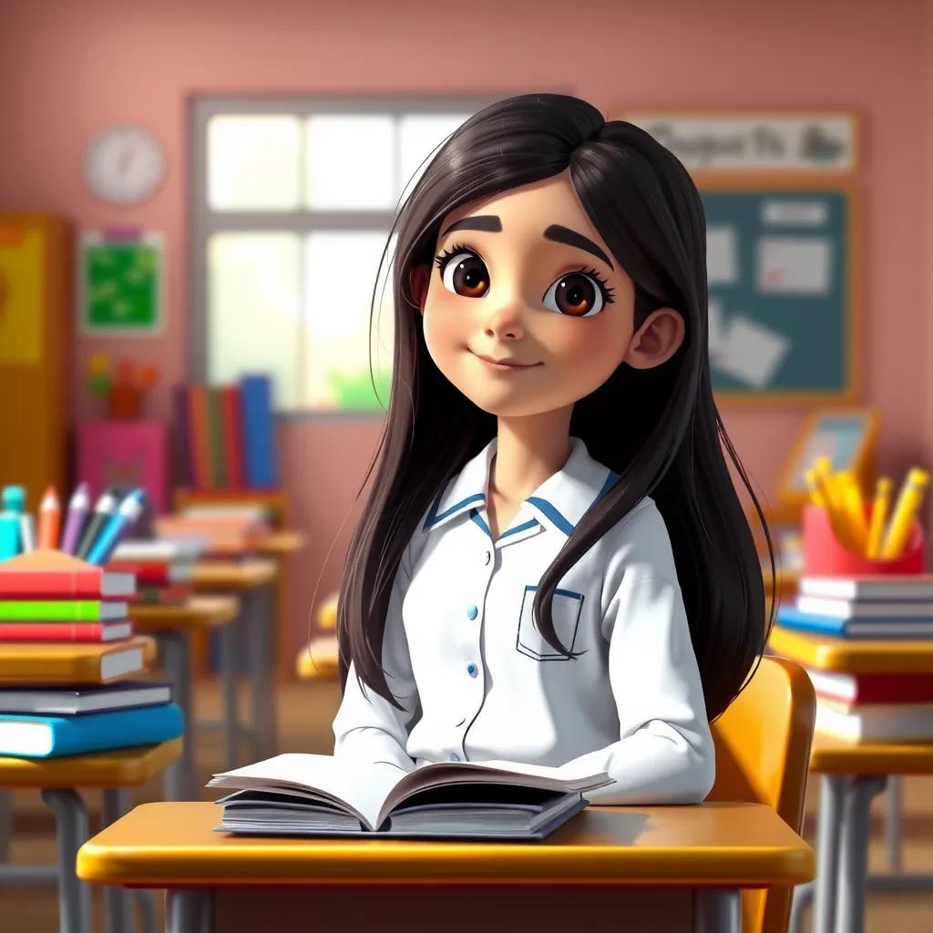 Image of A young Arab girl, Mariam, with long, dark hair, wearing a school uniform of a white shirt and blue skirt, sitting at a desk filled with books and colorful school supplies, cheerful classroom environment, digital art, bright colors, inviting atmosphere, high quality