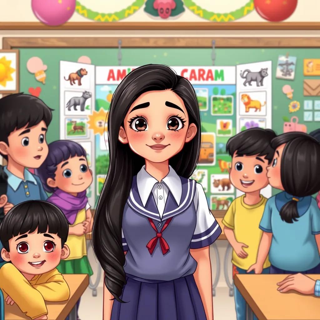 Image of A young Arab girl, Mariam, with long, dark hair, wearing a school uniform, displaying a colorful project board filled with animal pictures and information, surrounded by curious classmates, festive classroom ambiance, illustration, vibrant, child-friendly