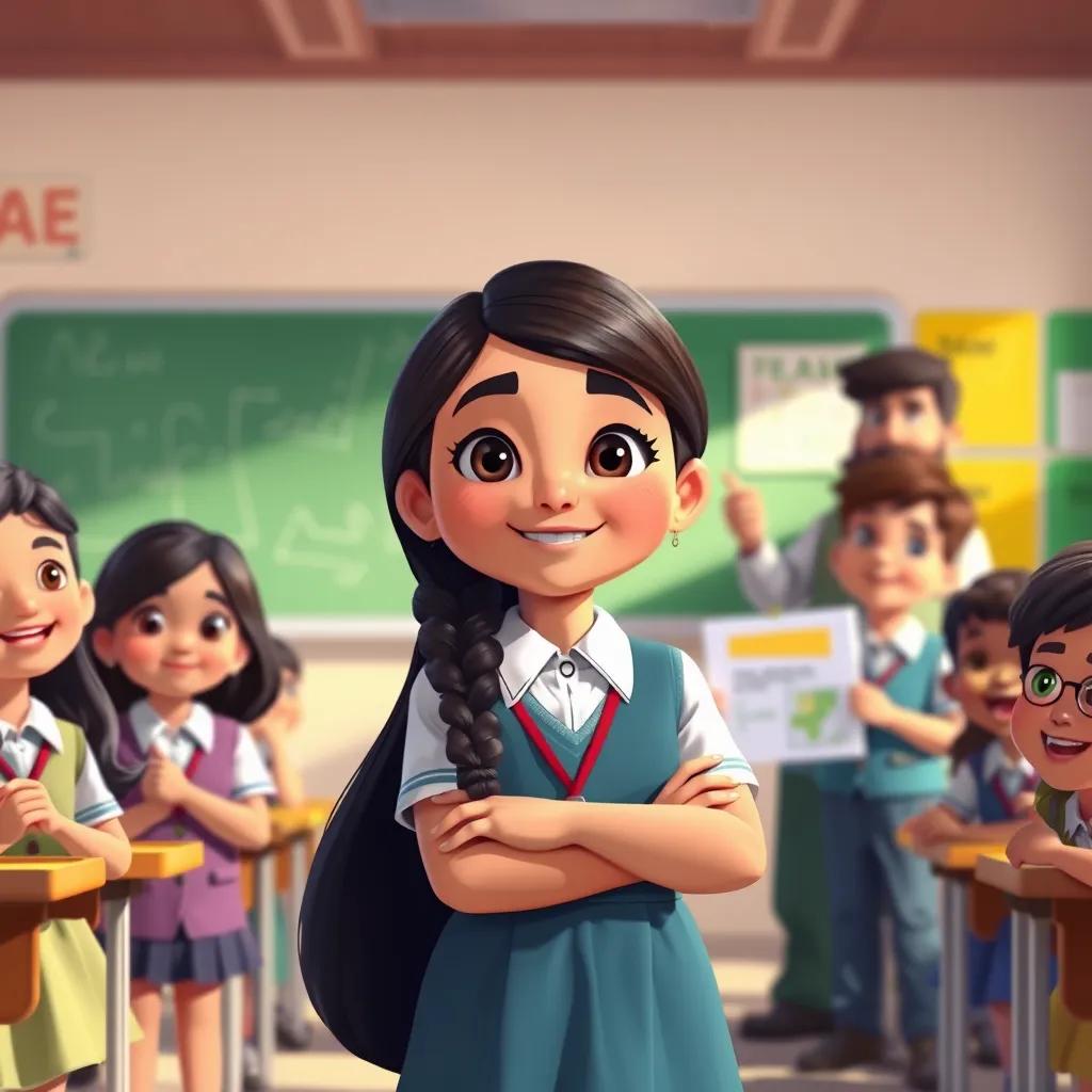 Image of A young Arab girl, Mariam, with long, dark hair, wearing a school uniform, standing in front of her happy classmates, with her teacher praising her project, warm classroom setting, digital painting, friendly, uplifting scene