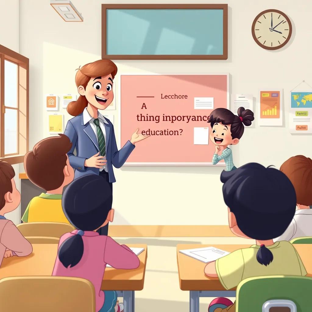 Image of A happy classroom scene where the teacher is explaining the importance of education, with the teacher in a professional outfit, engaging students listening attentively, bright classroom with posters on the wall, colorful, child-friendly illustration