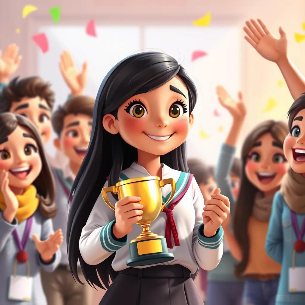 Image of A young Arab girl, Mariam, with long, dark hair, wearing a school uniform, holding a trophy with a big smile, surrounded by her friends cheering, celebrating her achievement with bright colors, joyful atmosphere, high quality