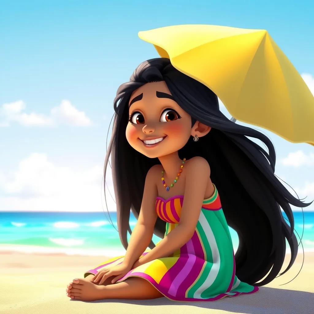 Image of A young Arab girl, Laina, with long dark hair, wearing a colorful summer dress, sitting on a sandy beach under a clear blue sky, smiling happily, digital art, bright colors, cheerful atmosphere, high quality