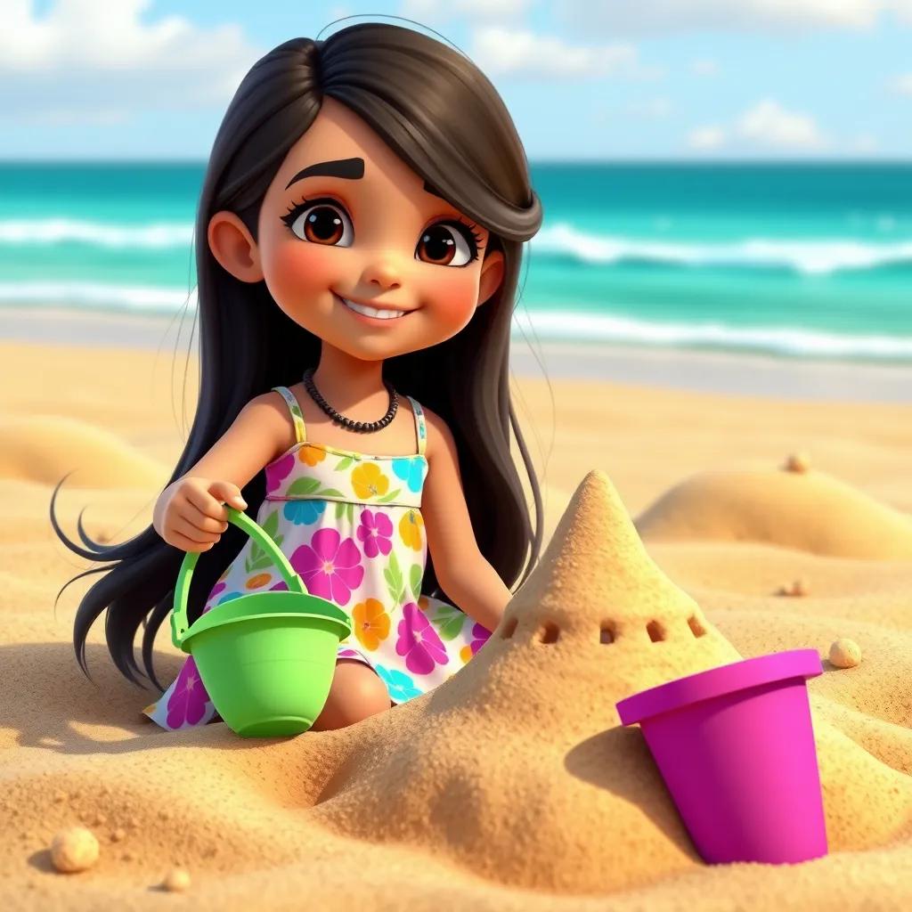 Image of A young Arab girl, Laina, with long dark hair, wearing a colorful summer dress, building a sandcastle with a bucket and spade on a sunny beach, vibrant colors, joyful scene, child-friendly