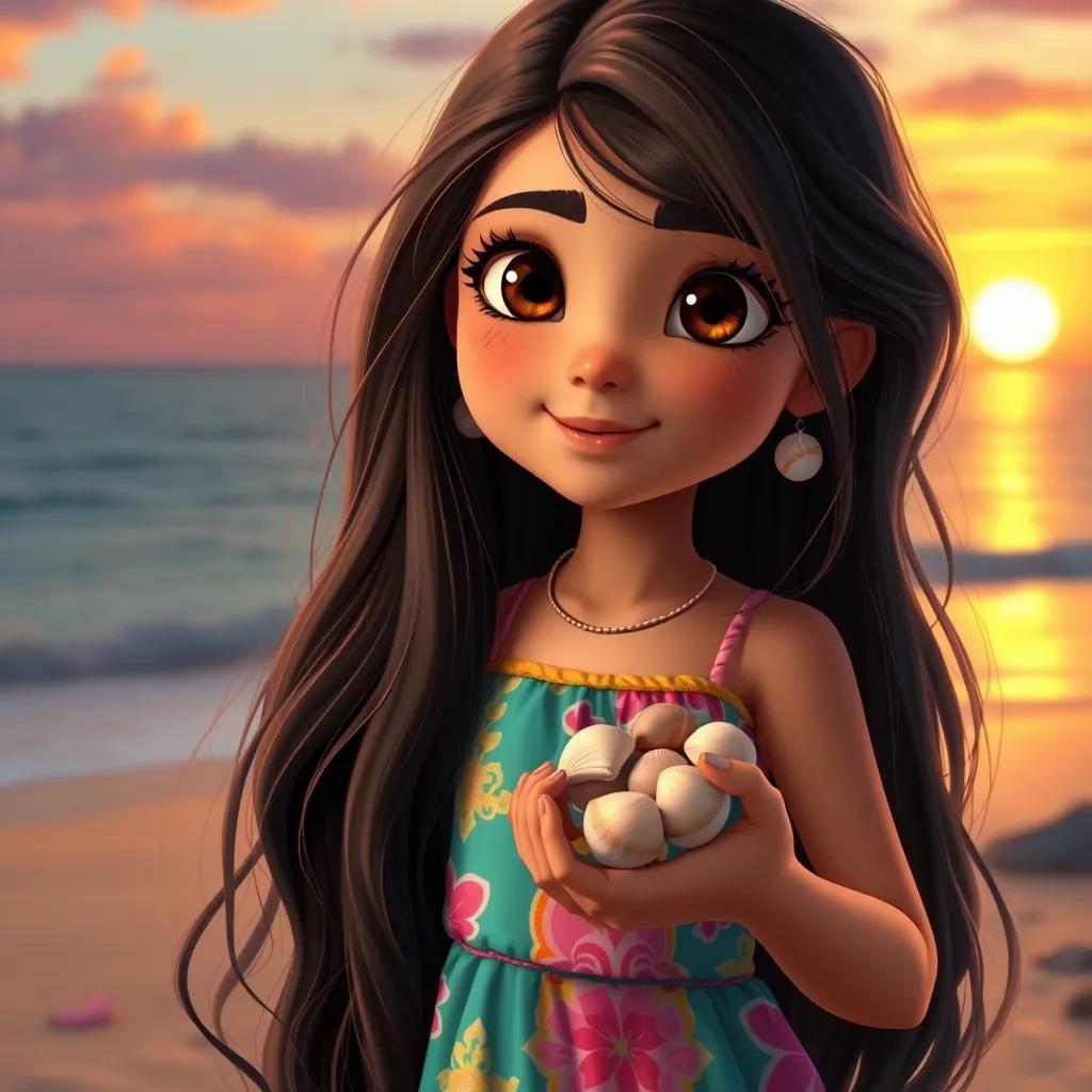 Image of A young Arab girl, Laina, with long dark hair, wearing a colorful summer dress, holding her collected seashells, with a stunning sunset in the background, warm colors, peaceful atmosphere, high quality