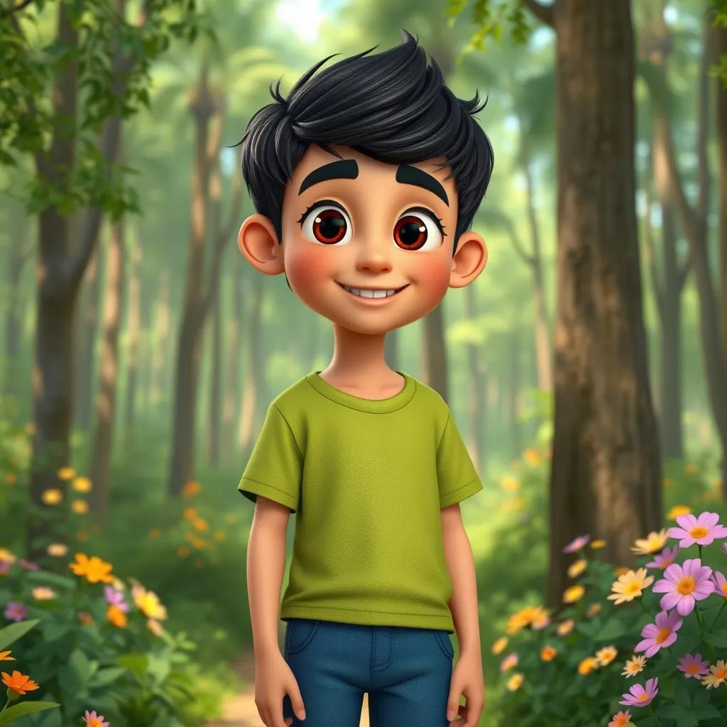 Image of A young Arab boy, Sami, with short black hair, wearing a green t-shirt and blue shorts, standing in a lush green forest filled with tall trees and bright flowers, digital art, vibrant colors, cheerful atmosphere, high quality