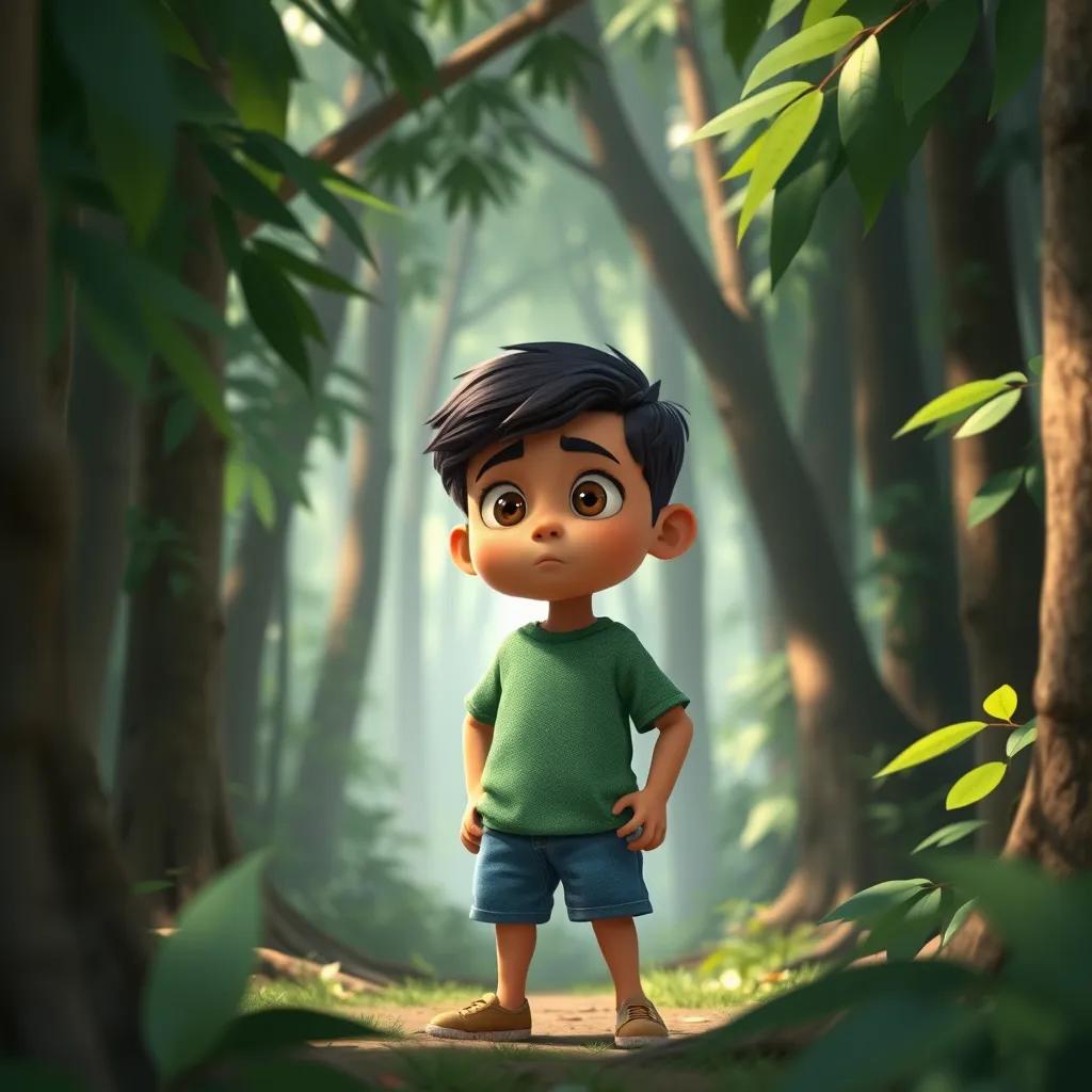 Image of A young Arab boy, Sami, with short black hair, wearing a green t-shirt and blue shorts, looking around anxiously in a dense forest, illustrating confusion, soft light, rich greens, child-friendly perspective, high quality