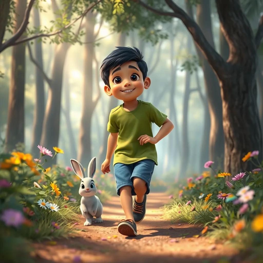 Image of A young Arab boy, Sami, with short black hair, wearing a green t-shirt and blue shorts, joyfully following the rabbit through a beautiful forest, colorful flowers and tall trees surrounding him, magical light filtering through the branches, uplifting scene, high quality