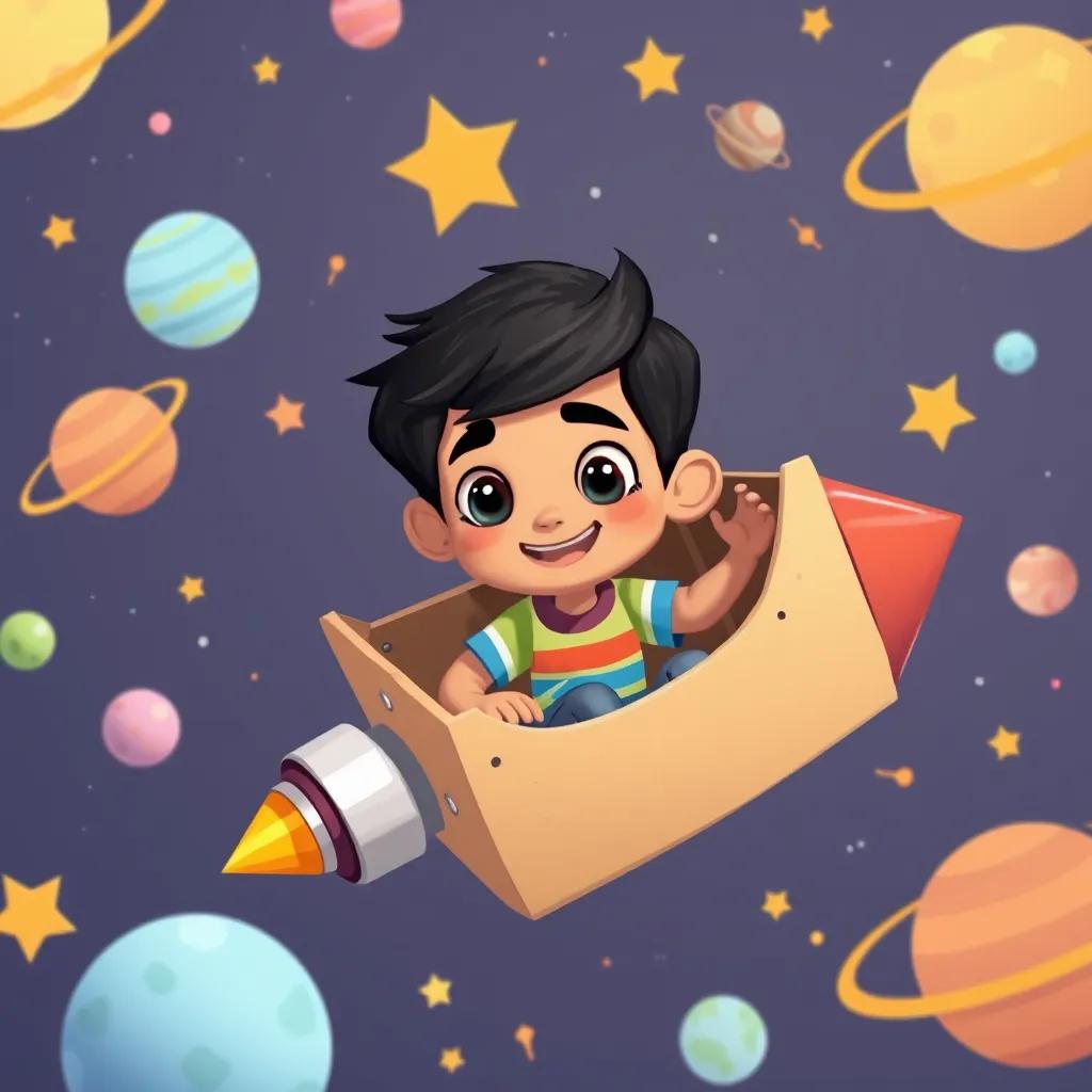 Image of Sami, a young Arab boy, with short black hair, wearing a colorful t-shirt and jeans, inside a cardboard rocket, flying through space surrounded by colorful planets and stars, illustration, cheerful, adventure-themed, child-friendly