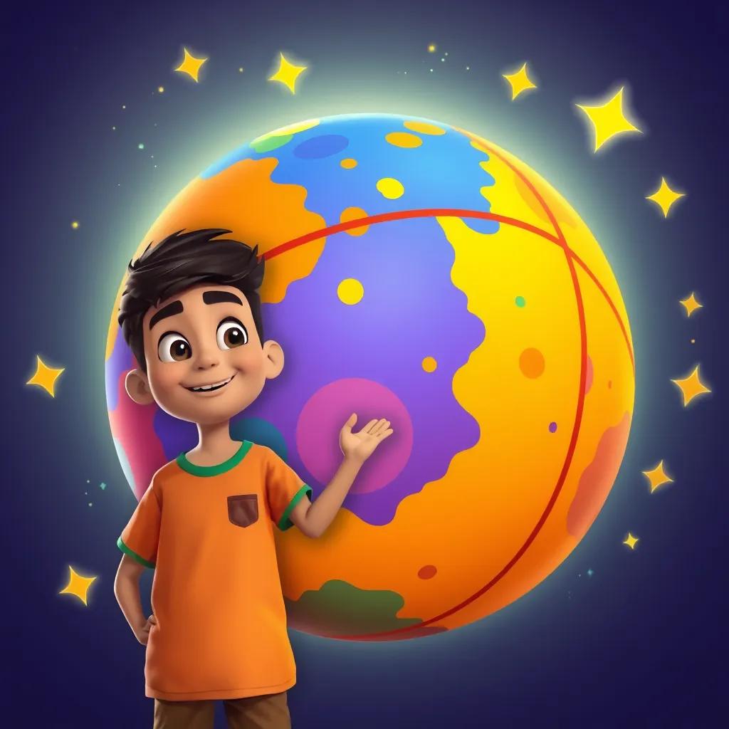 Image of A colorful planet shaped like a basketball beside Sami, a young Arab boy in a colorful t-shirt, with stars swirling in the background, playful and vibrant scene, fun and friendly, high quality