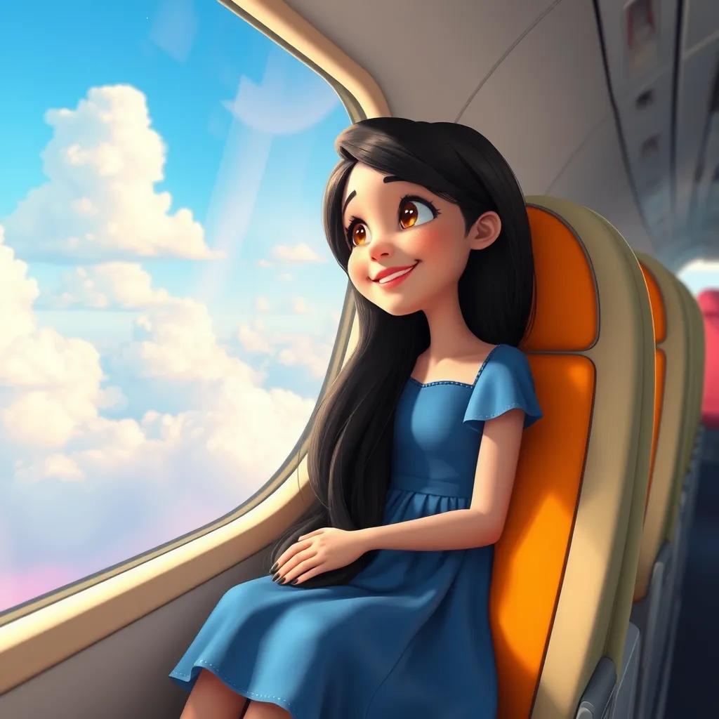 Image of A young girl, Sarah, with long black hair wearing a blue dress, sitting by the window in a colorful airplane, smiling and looking at the clouds, digital art, vibrant colors, cheerful atmosphere, high quality