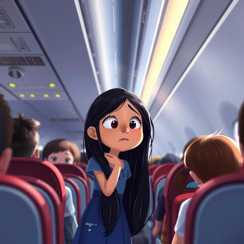 Image of Sarah, a young girl with long black hair in a blue dress, looking worried while the airplane shakes a little, inside the airplane cabin with passengers around, illustration, tense atmosphere, light effects, child-friendly