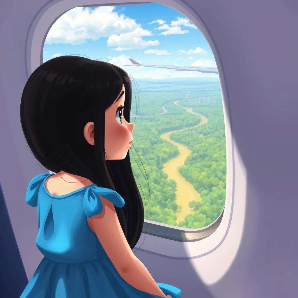 Image of A young girl, Sarah, with long black hair in a blue dress, looking out of the window as the airplane begins to descend towards a beautiful green forest, digital painting, bright colors, captivating scenery, uplifting view