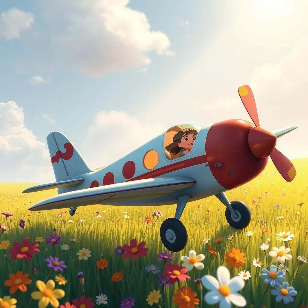 Image of The airplane with a broken wing, gracefully landing in a field of flowers with Sarah looking relieved inside, soft sunlight overhead, colorful flowers all around, illustration, heartwarming, whimsical