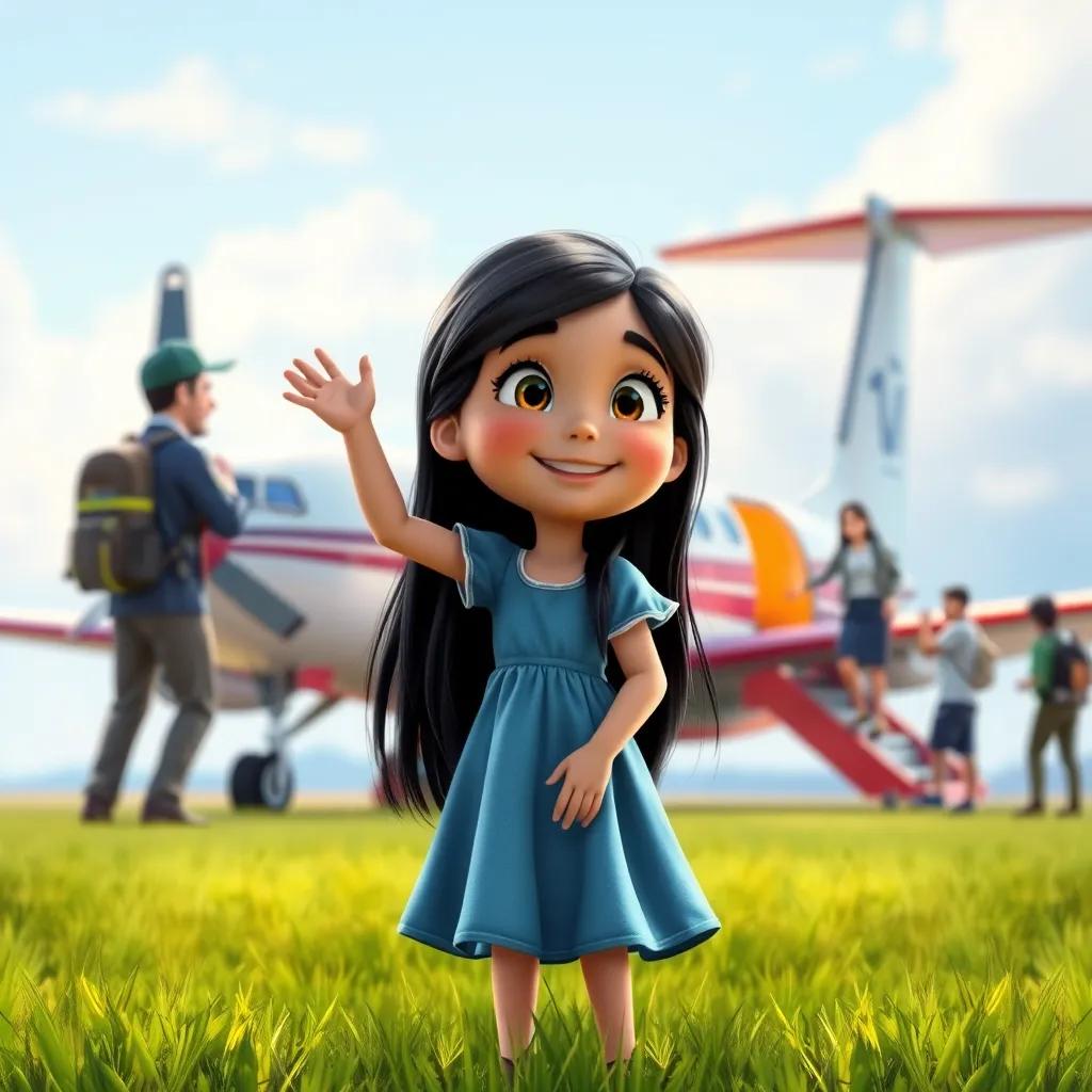 Image of Sarah, a young girl with long black hair in a blue dress, standing on the grass beside the landed airplane, waving to her dad, friends and rescuers arriving happily, vibrant colors, joyful scene, celebratory mood