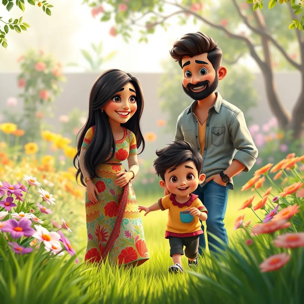 Image of A happy Arabic family, a mother with long dark hair wearing a colorful dress, a father in a casual shirt and jeans, a little boy with curly hair, playing in a garden filled with flowers and lush grass, digital art, bright colors, joyful atmosphere, high quality