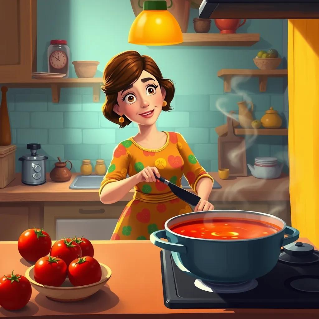 Image of A mother in a colorful dress cooking delicious tomato soup in a warm kitchen, with red tomatoes on the counter and steam rising from the pot, digital painting, cozy atmosphere, homely colors, clear focus, inviting scene