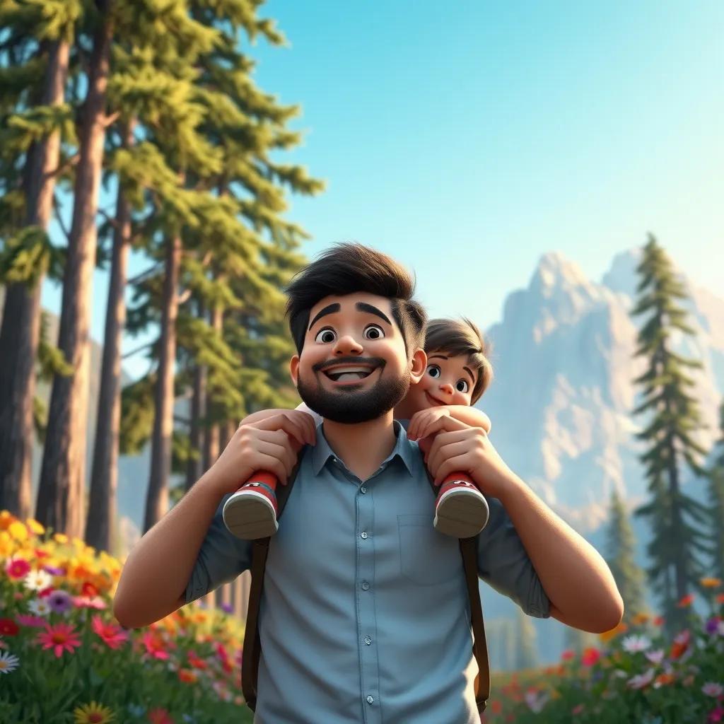 Image of A father carrying his daughter on his shoulders in the mountains, surrounded by tall trees and vibrant flowers, the sky is blue and clear, digital art, cheerful mood, lively colors, uplifting perspective, high resolution