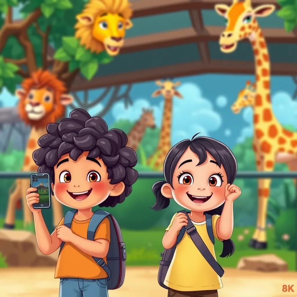 Image of Two kids, a little boy with curly hair and a girl with long dark hair, visiting a zoo, looking at lions and giraffes, taking pictures, colorful environment, happy expressions, illustration, vibrant colors, playful scene