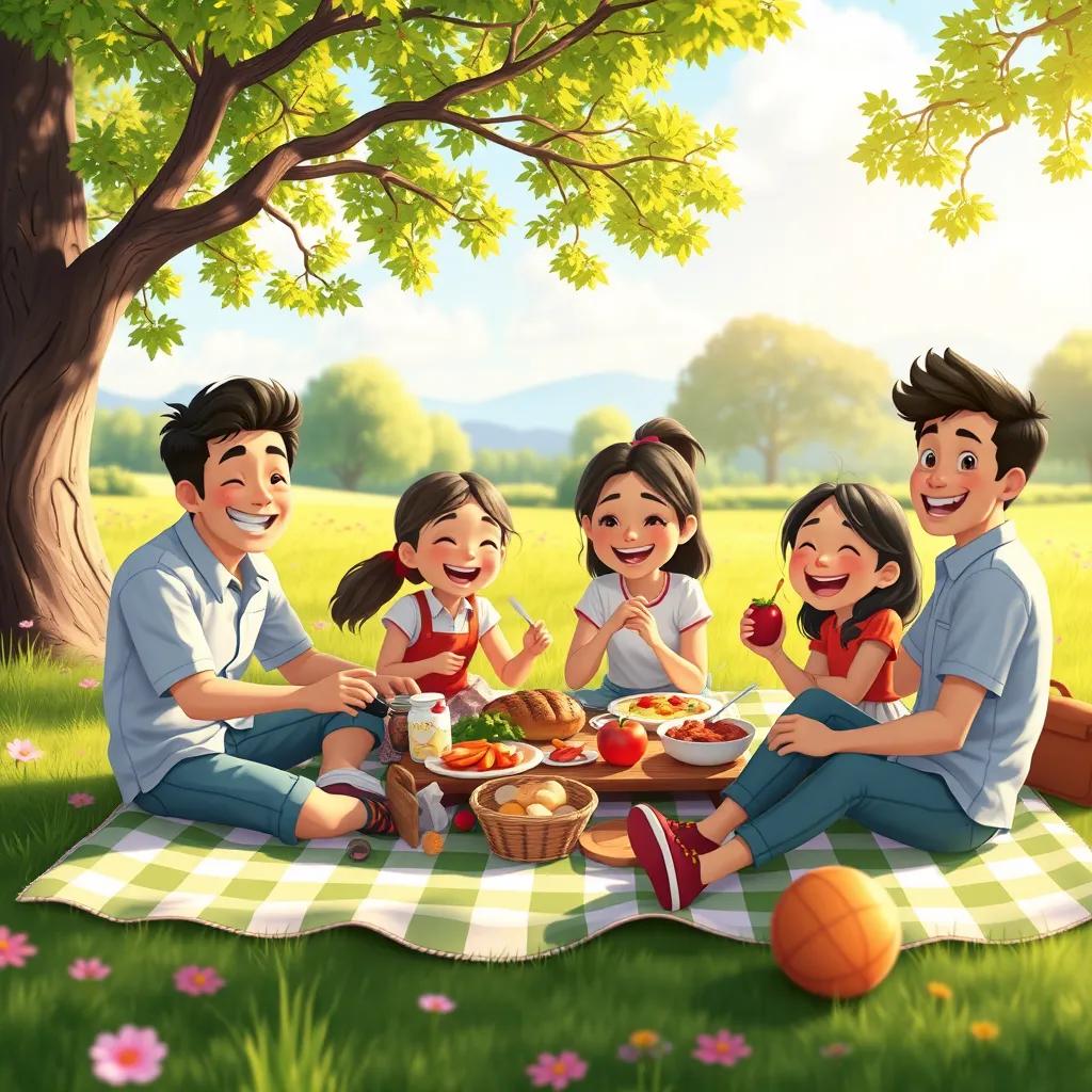 Image of A joyful family enjoying a picnic in the park, sitting on a picnic blanket with delicious food, surrounded by beautiful scenery and sunshine, digital art, cheerful atmosphere, bright colors, heartwarming scene