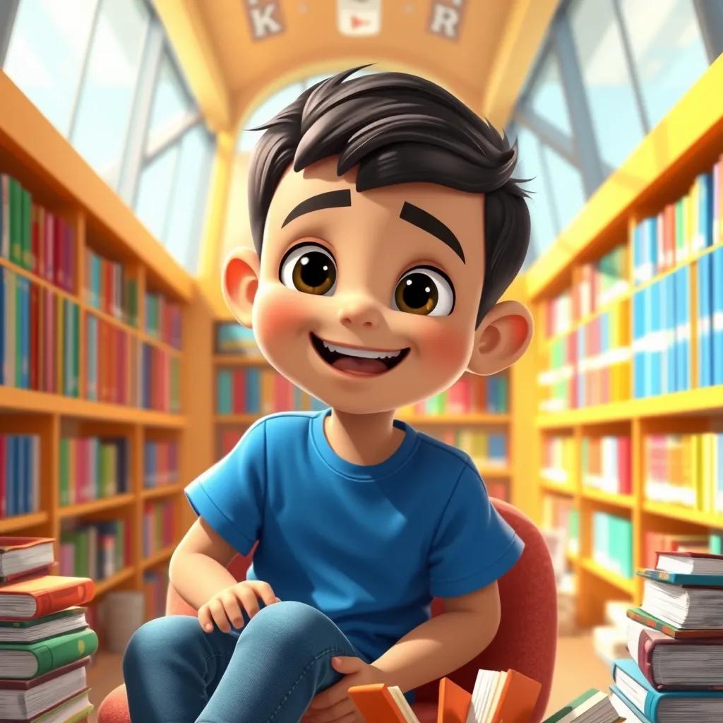 Image of A young Arab boy, Sami, with short black hair, wearing a blue t-shirt and jeans, sitting in a sunny library surrounded by colorful books, happy and excited, digital art, bright colors, cheerful atmosphere, high quality