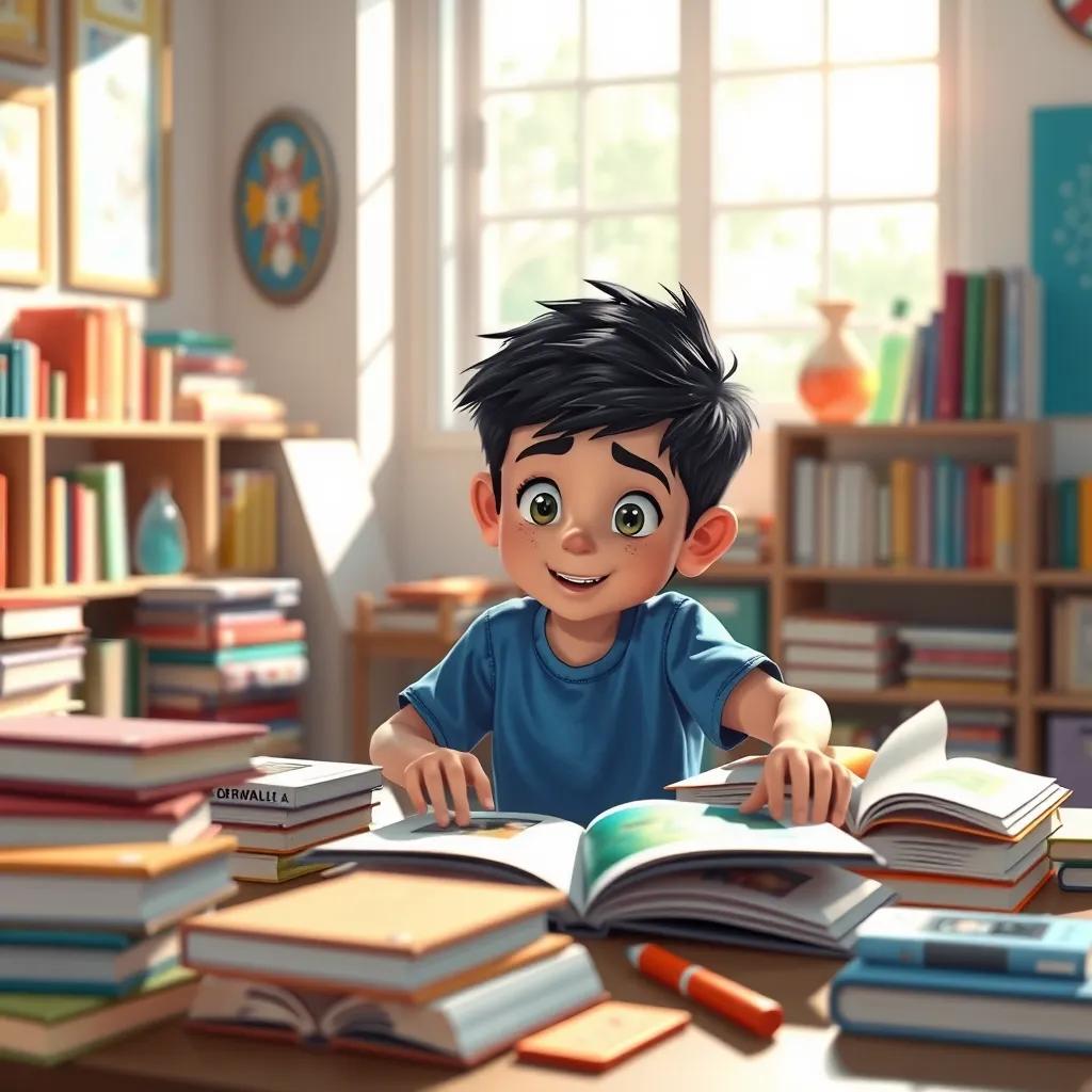 Image of Sami, a young Arab boy with short black hair in a blue t-shirt and jeans, exploring a table full of science books, looking amazed, with sunlight streaming in through the window, illustration, vibrant, inviting, friendly