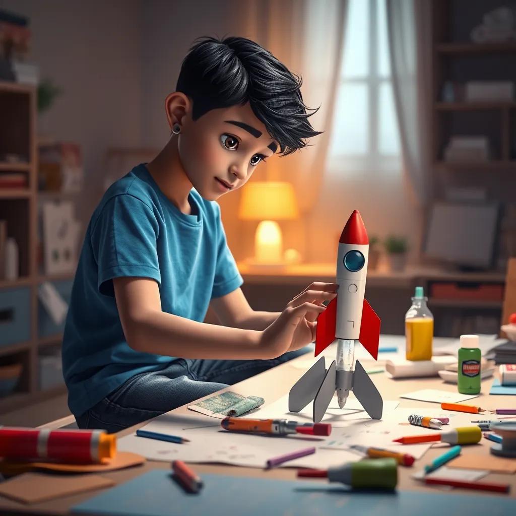 Image of A creative scene of Sami, a young Arab boy with short black hair in a blue t-shirt and jeans, at a table covered with paper and glue, carefully building a model rocket, ambient light, colorful materials, focused atmosphere, digital art, detailed